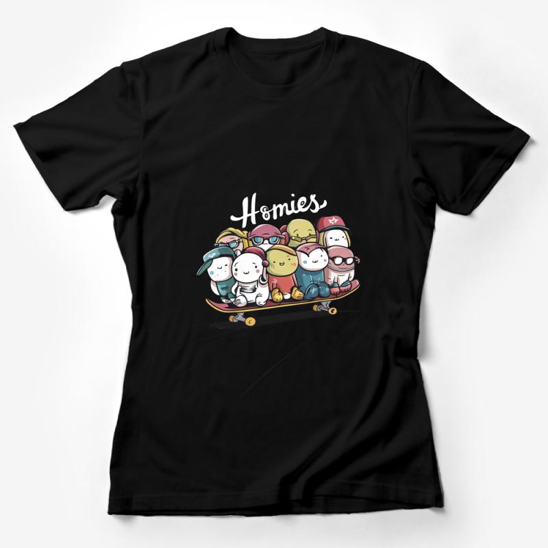 Cartoon Homies Skateboard Group T-Shirt, Cool Urban Streetwear, Unisex Casual Skater Tee, Graphic Shirt for Friends Female T-Shirt