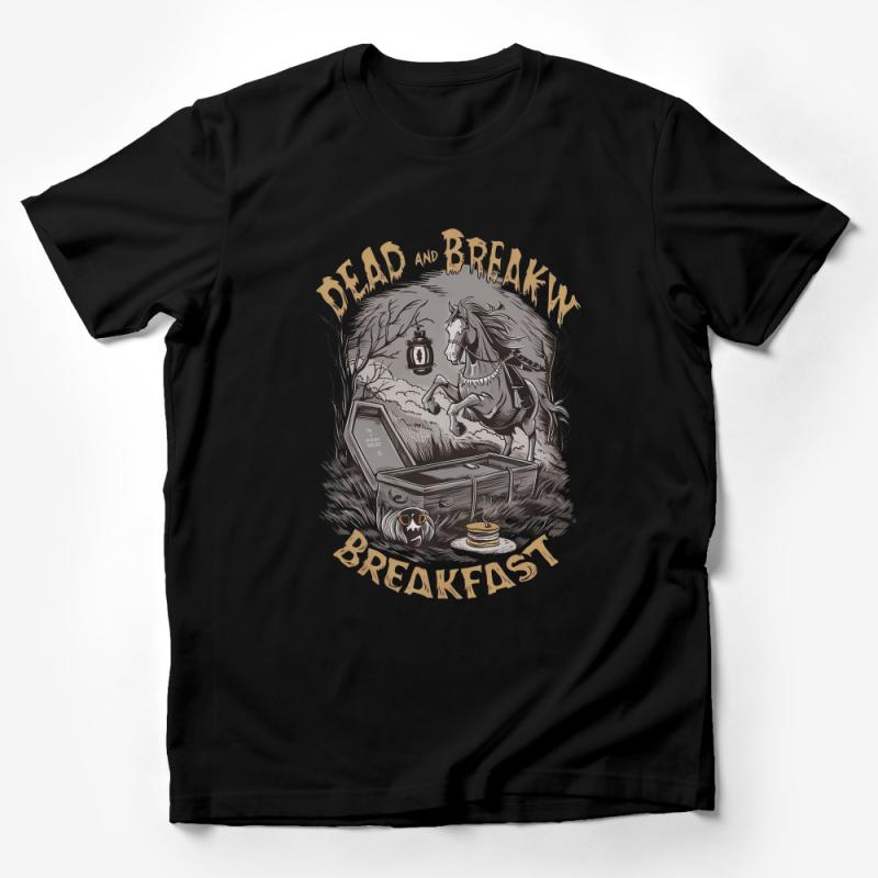 Vintage Gothic Horse T-Shirt, Spooky Dead and Breakfast Tee, Unisex Graphic Shirt, Halloween Fashion, Equestrian Creepy Clothing Male T-Shirt