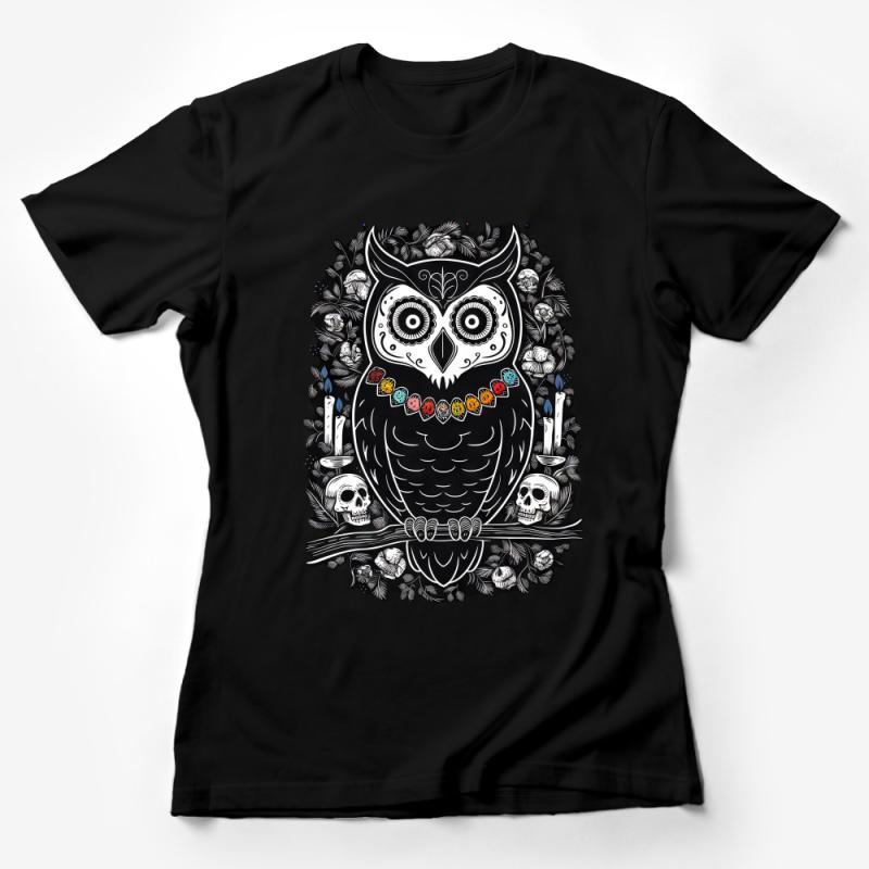 Gothic Owl T-Shirt, Intricate Floral Patterns, Skulls, Candles, Unique Boho Chic Apparel, Unisex Adult Clothing Female T-Shirt