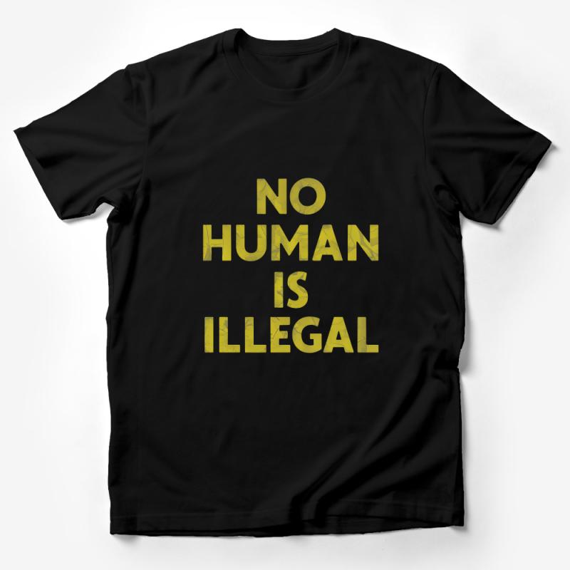 No Human Is Illegal Quote T-Shirt, Unisex Yellow Text Activist Tee, Human Rights Advocacy Apparel, Gift for Activists Male T-Shirt