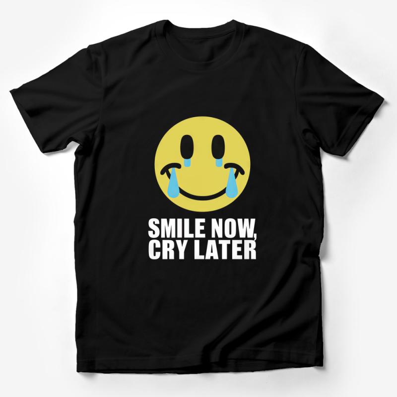 Happy Sad Face T-Shirt, Smile Now Cry Later, Yellow Graphic Tee, Unisex Streetwear, Emotional Contrast Shirt, Cool Urban Apparel Male T-Shirt