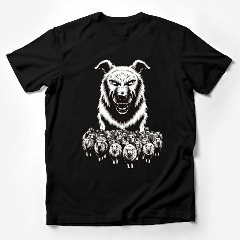 Unique Wolf and Sheep Graphic T-shirt, Unisex Animal Artistic Tee, Black and White Nature Inspired Top Male T-Shirt