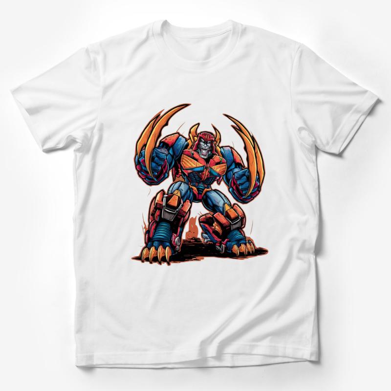 Colorful Robot Warrior T-Shirt, Comic Style Mech Graphic Tee, Vibrant SciFi Battle Shirt, Unique Robot Illustration Apparel Male T-Shirt