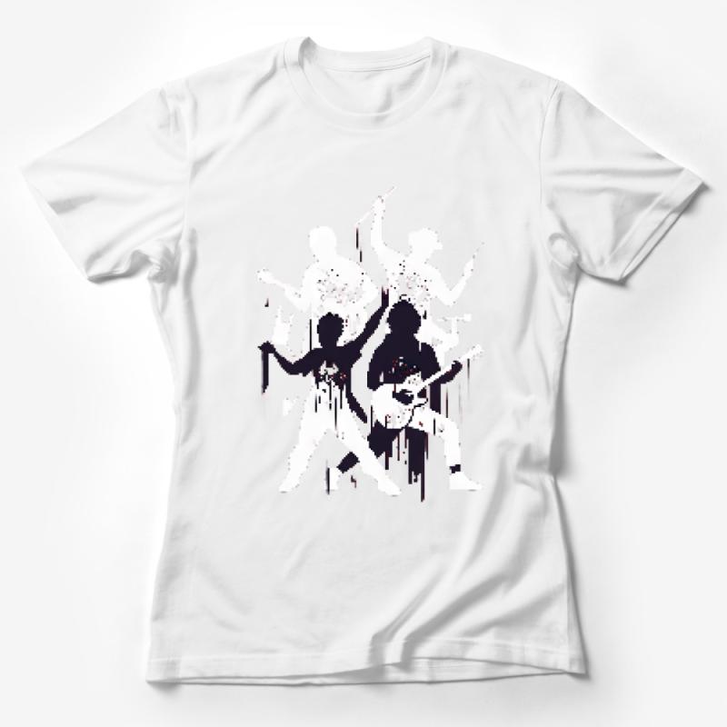 Abstract Music Band T-Shirt, Cool Drummer and Guitarist Silhouette, Unisex Graphic Tee, Artistic Splatter Design, Casual Wear Female T-Shirt