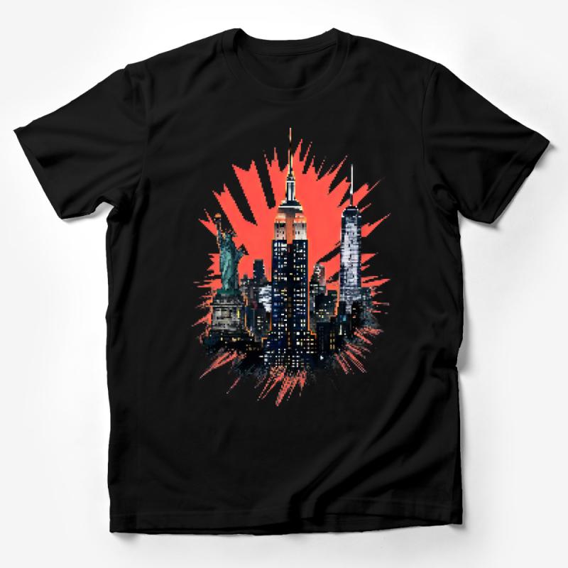 Urban Skyline Graphic Tee, New York Cityscape with Liberty Statue, Artistic Urban Lifestyle Fashion Top Male T-Shirt