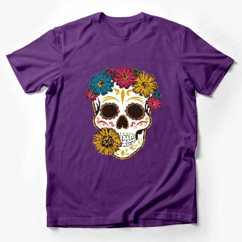 Floral Sugar Skull T-Shirt, Colorful Mexican Day of the Dead Tee, Dia de los Muertos Shirt, Unisex Graphic Tee, Skull Art Top Male T-Shirt