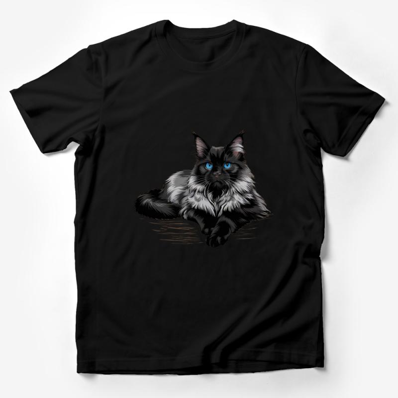 Black Cat T-Shirt, Fluffy Cat Lover Tee, Animal Graphic Shirt, Unisex Cat Illustration Top, Pet Owner Gift, Cute Feline Apparel Male T-Shirt