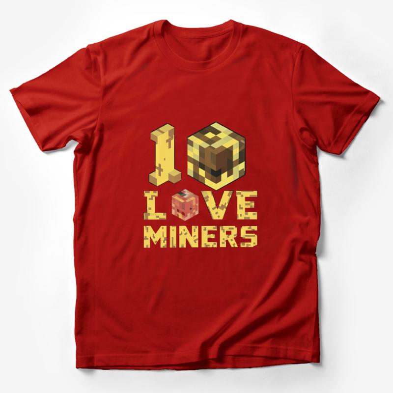 Retro Pixel Love Miners Graphic Tee, Vintage Gamer T-Shirt, Gold and Red Pixelated Design Male T-Shirt