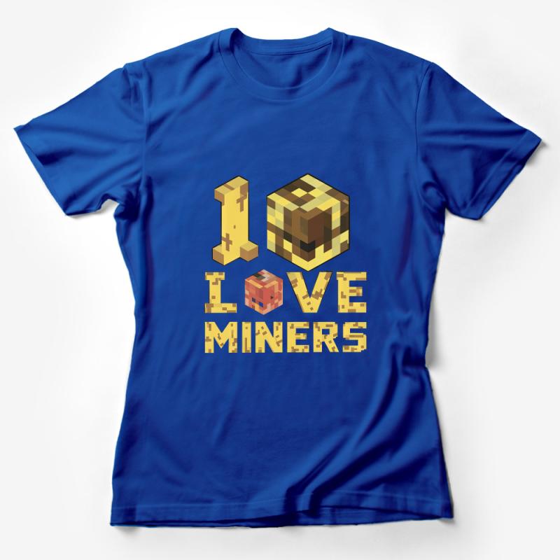 Retro Pixel Love Miners Graphic Tee, Vintage Gamer T-Shirt, Gold and Red Pixelated Design Female T-Shirt