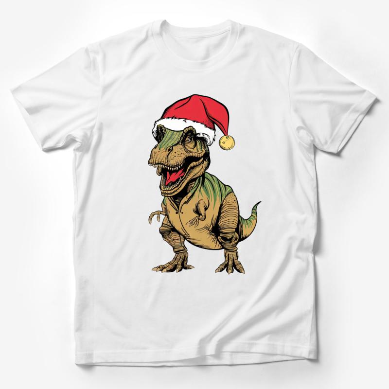 Christmas T-Rex Dinosaur T-Shirt, Funny Holiday Tee, Unisex Santa Hat Dino Top, Festive Winter Apparel for All Ages Male T-Shirt