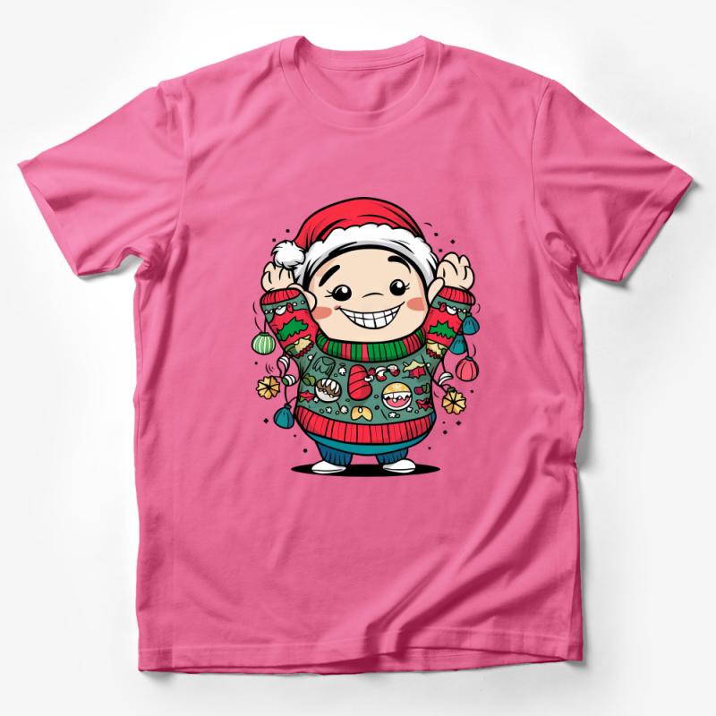 Festive Holiday Ugly Christmas Sweater T-Shirt, Cute Cartoon Character, Xmas Party Tee, Santa Hat, Unisex Winter Apparel, Gift Idea Male T-Shirt