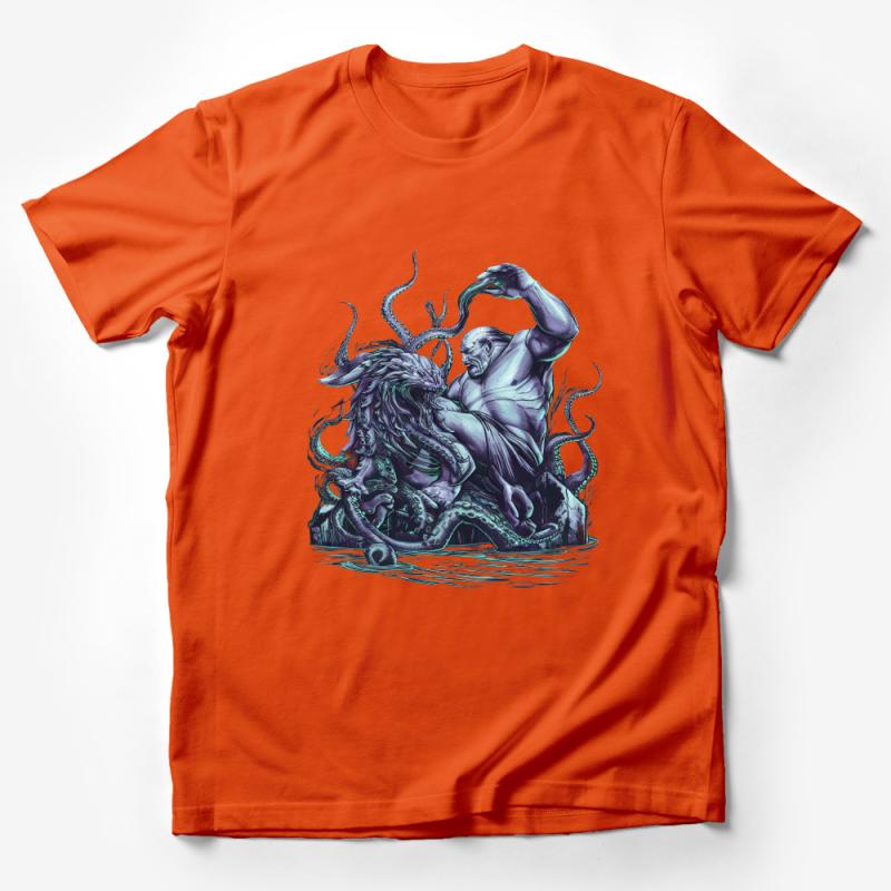 Mythical Kraken Battle Graphic Tee, Mens Nautical Octopus Sea Monster T-Shirt, Unique Illustration Male T-Shirt