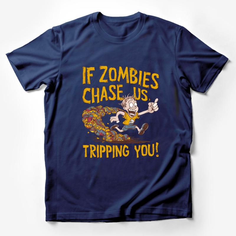 Funny Zombie Chase Graphic Tee, Cartoon Zombie Run T-Shirt, Humorous Apocalypse Shirt Male T-Shirt