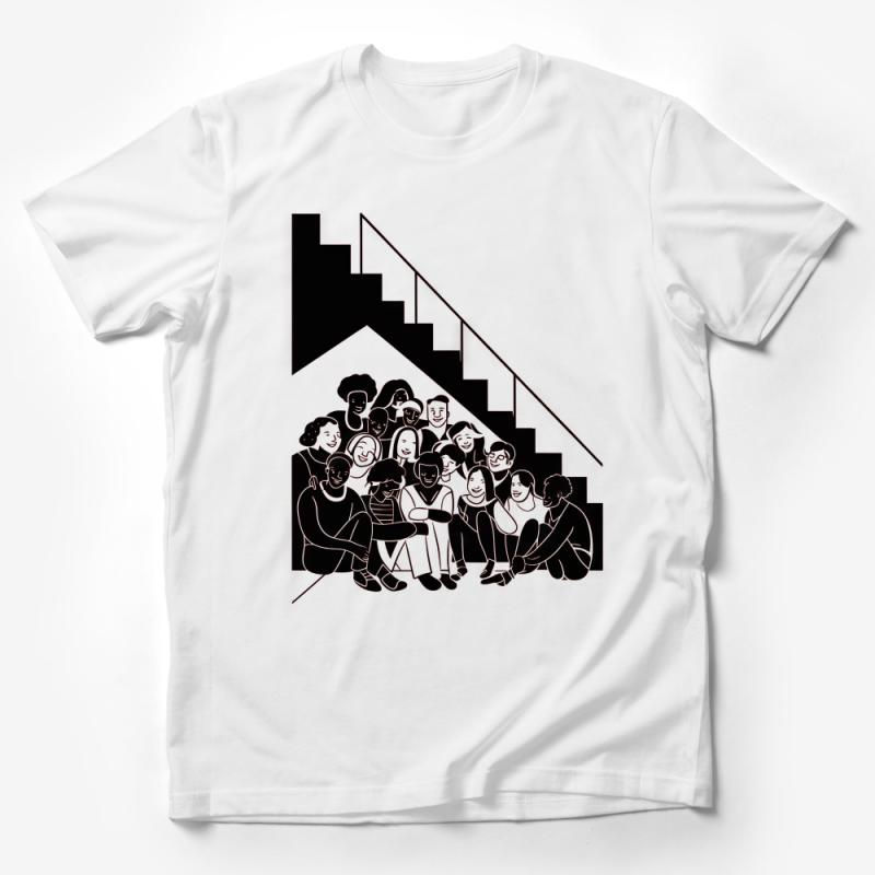 Staircase Gathering Graphic Tee, Diverse Community Unisex Shirt, Monochrome Friendship T-Shirt Design, Urban Chic Fashion Top, Casual Male T-Shirt