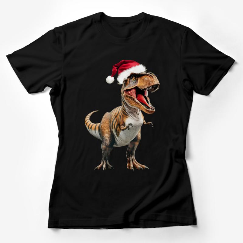 Christmas T-Rex Dinosaur Santa Hat Festive Holiday Graphic Tee, Fun Unisex Dinosaur Shirt Gift Female T-Shirt