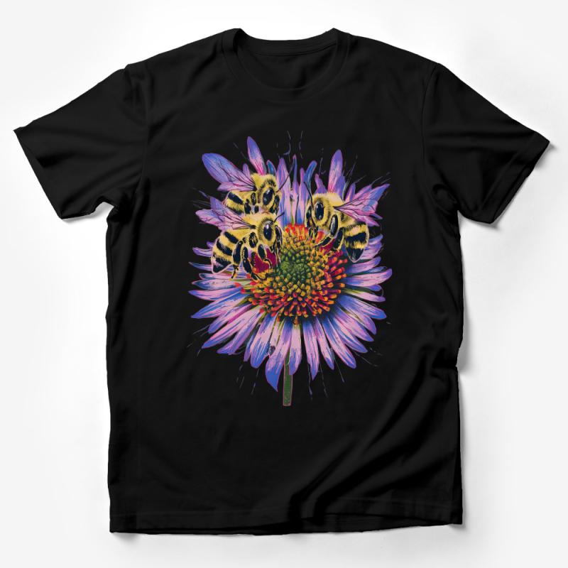 Bees and Blue Flower Graphic Tee, Nature Inspired T-Shirt, Unisex Botanical Print Top, Casual Wildlife Apparel for Garden Lovers Male T-Shirt