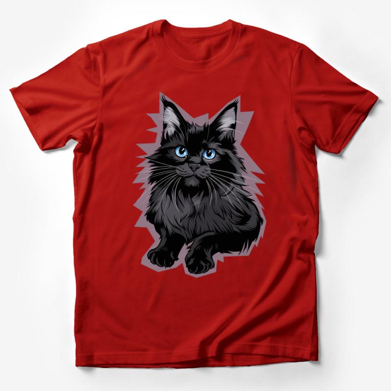 Black Cat T-Shirt, Blue Eyed Fluffy Cat Graphic Tee, Unisex Cat Lover Shirt, Casual Feline Fashion, Pet Illustration Top Male T-Shirt