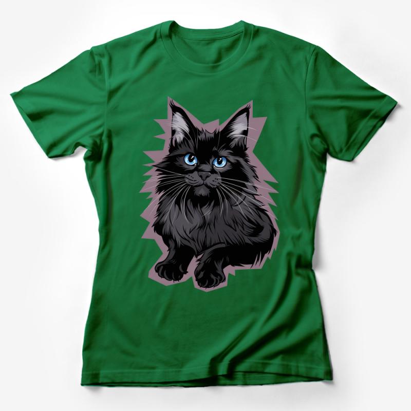 Black Cat T-Shirt, Blue Eyed Fluffy Cat Graphic Tee, Unisex Cat Lover Shirt, Casual Feline Fashion, Pet Illustration Top Female T-Shirt