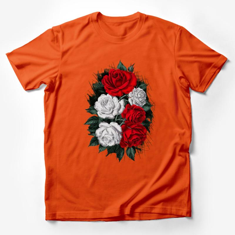 Women's Floral T-Shirt, Red and White Roses Graphic Tee, Botanical Print Shirt, Casual Summer Fashion, Trendy Flower Top, Gift for Her Male T-Shirt