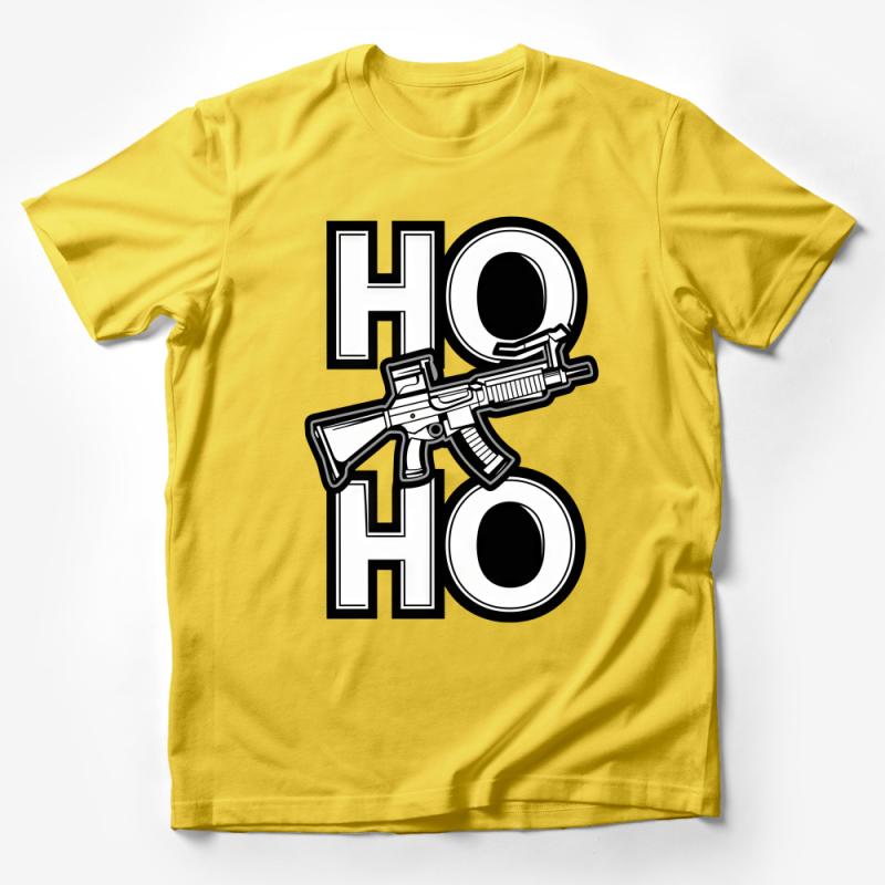 Unisex Graphic Tee with Bold HOHO Text and Rifle, Unique Statement T-Shirt, Black and White Male T-Shirt