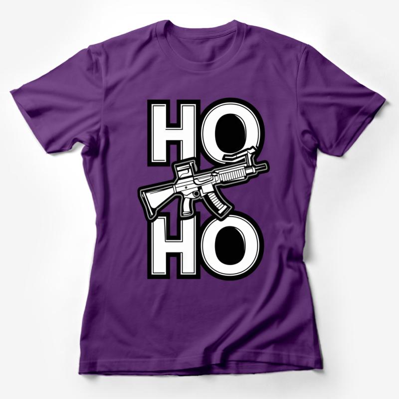 Unisex Graphic Tee with Bold HOHO Text and Rifle, Unique Statement T-Shirt, Black and White Female T-Shirt