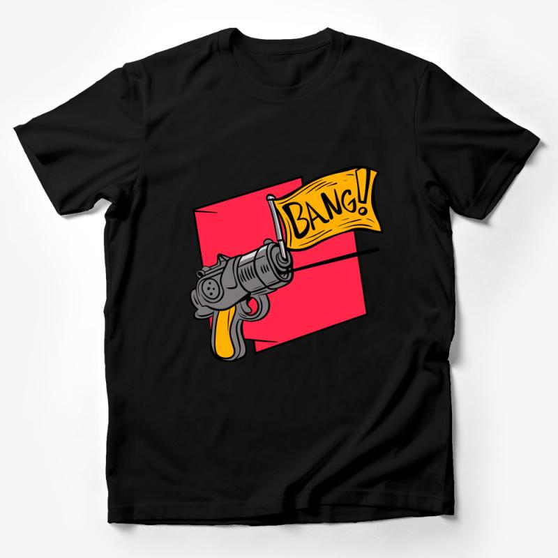 Bang Flag Gun Cartoon T-Shirt, Unisex Comic Style Tee, Vintage Revolver Fake Shoot Flag, Fun Novelty Gift Male T-Shirt