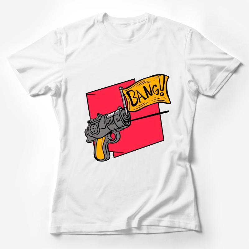 Bang Flag Gun Cartoon T-Shirt, Unisex Comic Style Tee, Vintage Revolver Fake Shoot Flag, Fun Novelty Gift Female T-Shirt