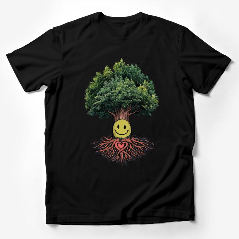 Unisex Tree of Life T-Shirt with Smiley Face, Heart Roots Casual Tee, Nature Lover Gift, Environmental Positive Vibes Top Male T-Shirt