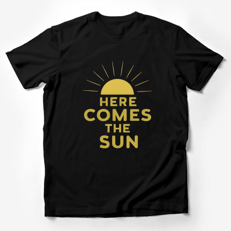 Here Comes The Sun Graphic Tee, Yellow Sunshine Print T-Shirt, Unisex Summer Vibes Cotton Shirt Male T-Shirt