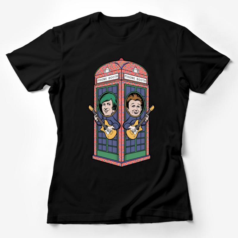 Vintage Style Guitar Duo Tee, Retro Musician Illustration T-Shirt, Unique Phone Booth Graphic, Unisex Female T-Shirt