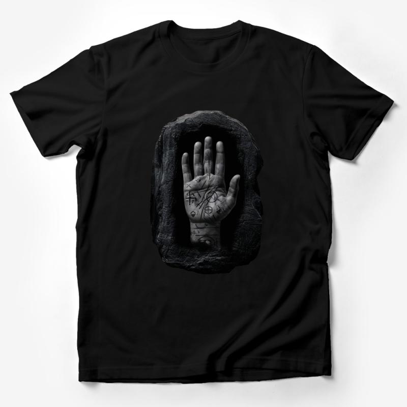 Mystical Hand Print T-Shirt, Occult Symbols Graphic Tee, Unique Unisex Black Shirt, Spiritual Gift, Alchemy and Magic T-Shirt Design Male T-Shirt