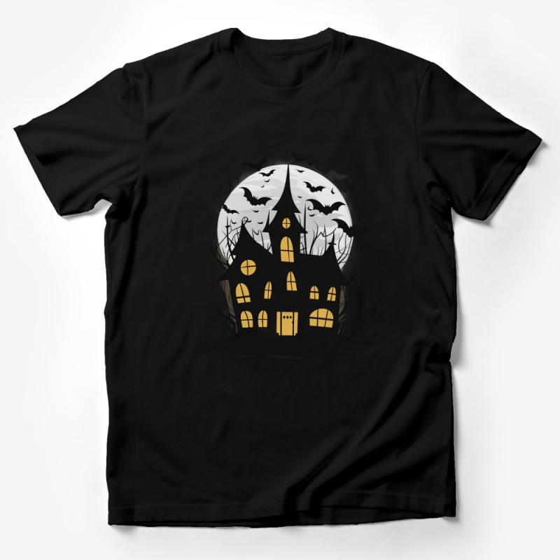 Gothic Haunted House T-Shirt, Spooky Halloween Graphic Tee, Moonlight Bats and Mansion, Unisex Horror Apparel, Creepy Clothing Gift Male T-Shirt