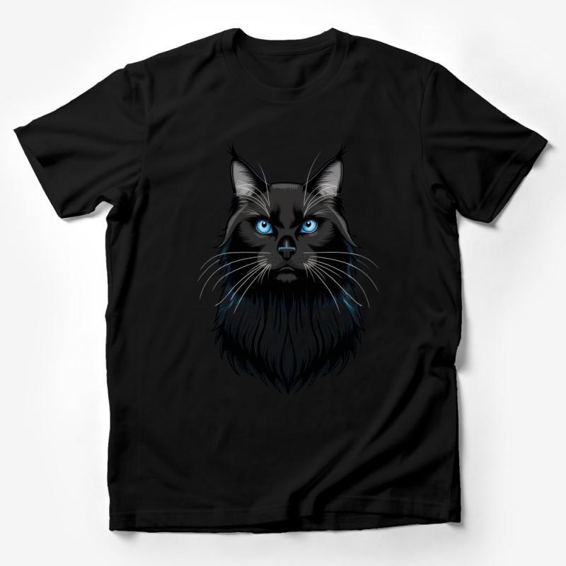 Blue-Eyed Black Cat Face T-Shirt, Whiskers and Fur Detailed Graphic Tee, Unique Feline Lover Gift Idea Male T-Shirt