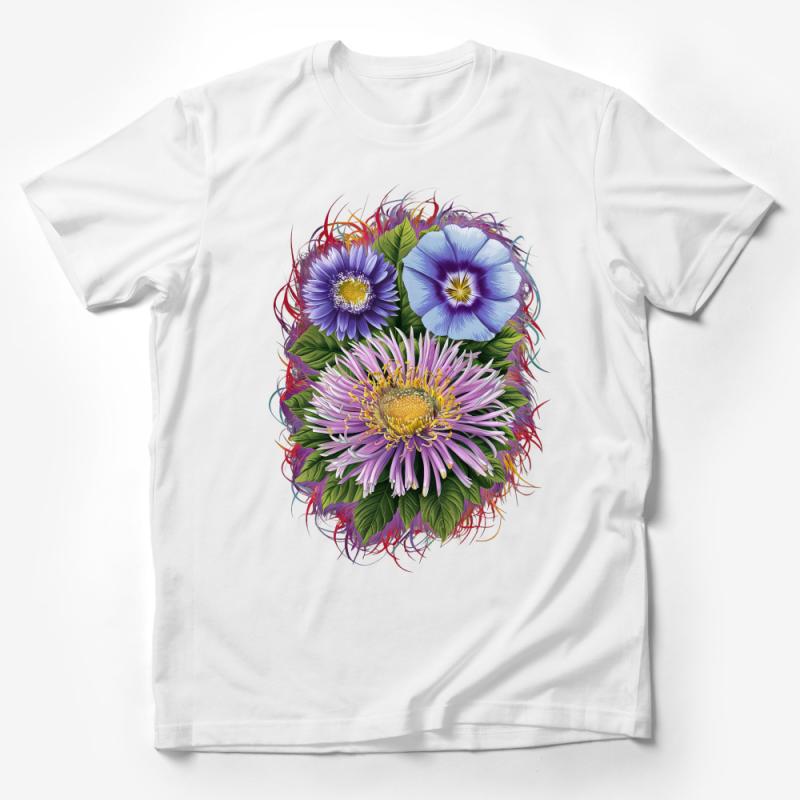 Floral T-Shirt with Vibrant Blue and Pink Flowers Design, Unisex Nature-Inspired Tee, Botanical Art Printed Cotton Shirt for All Ages Male T-Shirt