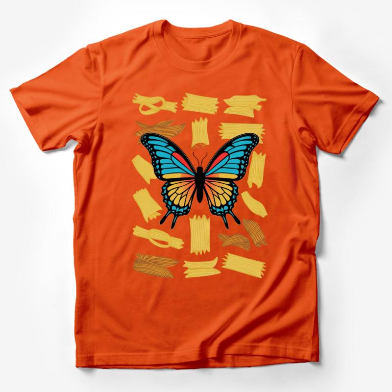 Whimsical Butterfly Pasta Pattern Shirt, Quirky Foodie T-Shirt, Unique Graphic Tee, Casual Wear for Men and Women Male T-Shirt