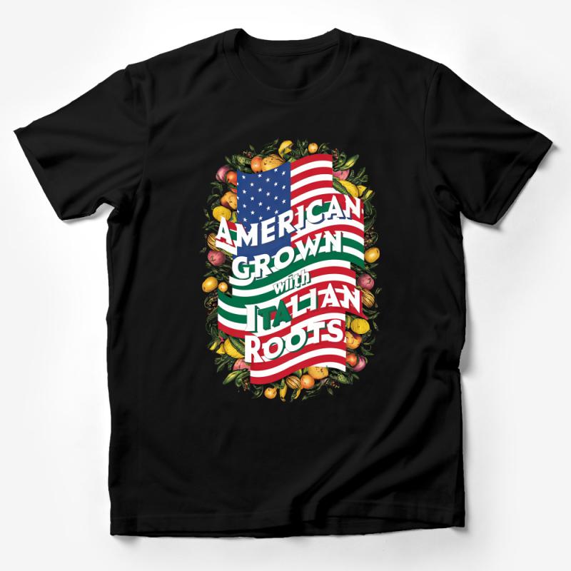 American Grown with Italian Roots T-Shirt, Patriotic USA Flag Tee, Italian-American Heritage, Fruit Border Design, Unisex Adult Clothing Male T-Shirt