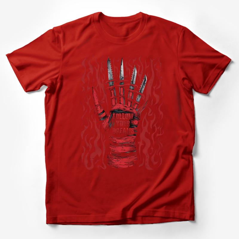 Rock n Roll Inspired T-Shirt, Red Hand with Flames, Follow Your Dreams Unisex Tee, Music Festival Fashion, Band Concert Outfit Top Male T-Shirt