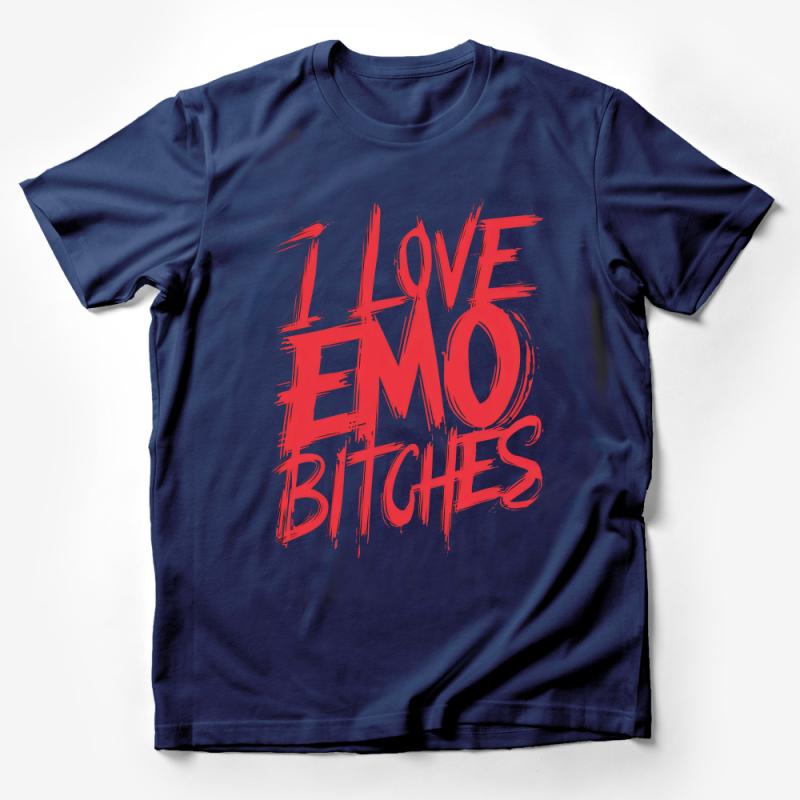 Bold Emo Statement T-Shirt, Unisex I Love Emo Bitches Graphic Tee, Red Text Fashion Top, Unique Music Genre Inspired Shirt Male T-Shirt