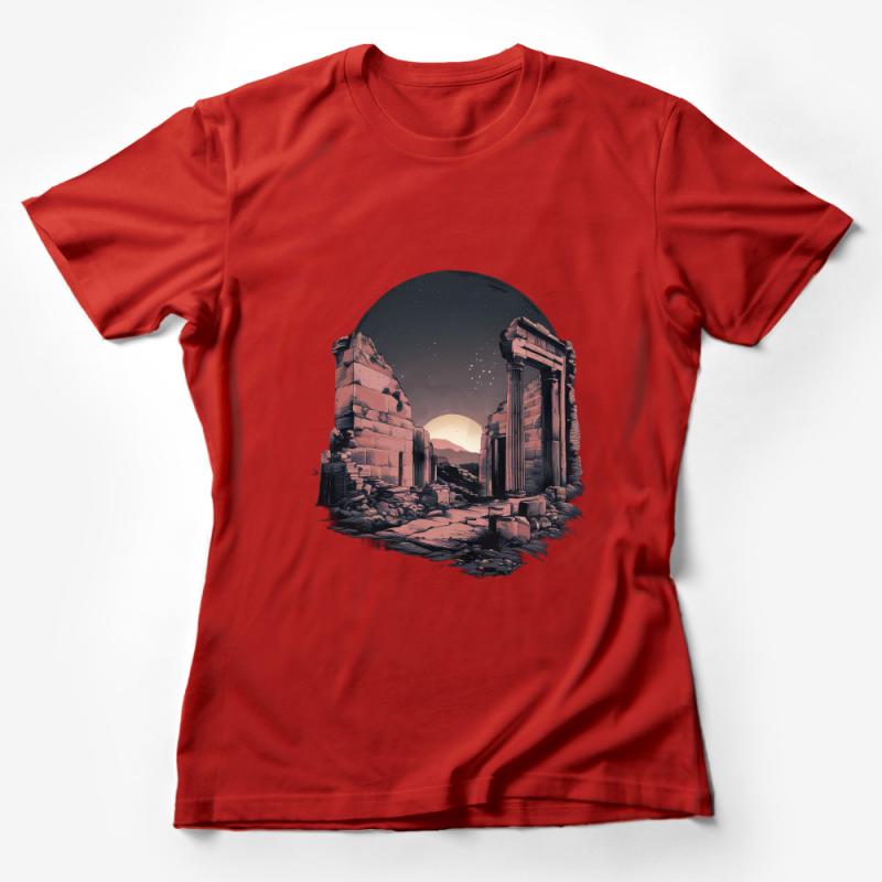 Ancient Ruins Graphic Tee, Mysterious Monument Design, Starry Night Sky, Men's and Women's Casual Shirt Female T-Shirt