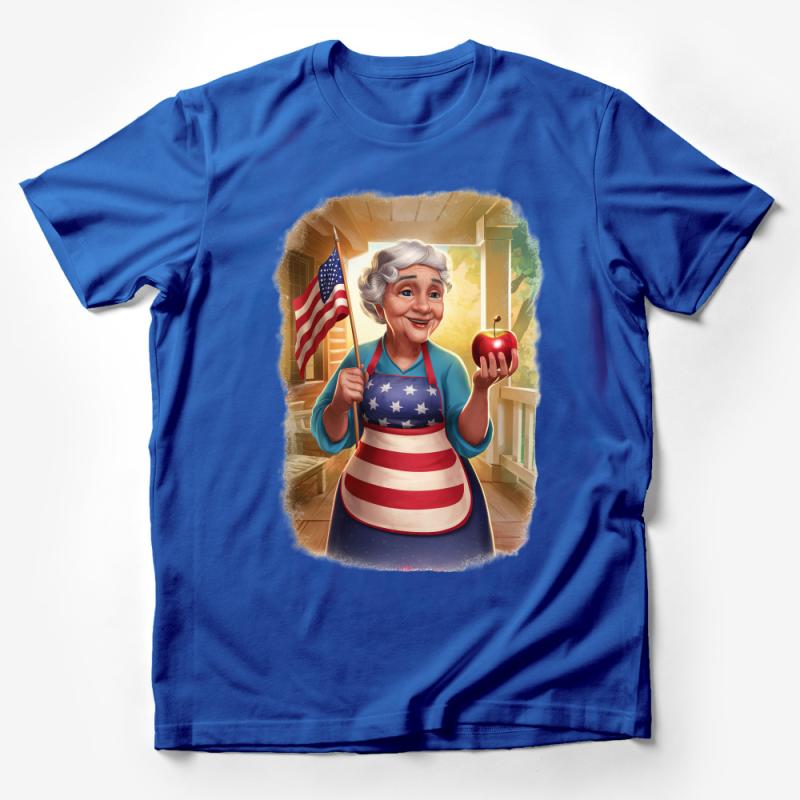 Patriotic Grandma with Flag and Apple, American Pride Illustration Tee, USA Themed Comfortable Cotton T-Shirt, Unique Hand-drawn Style Male T-Shirt