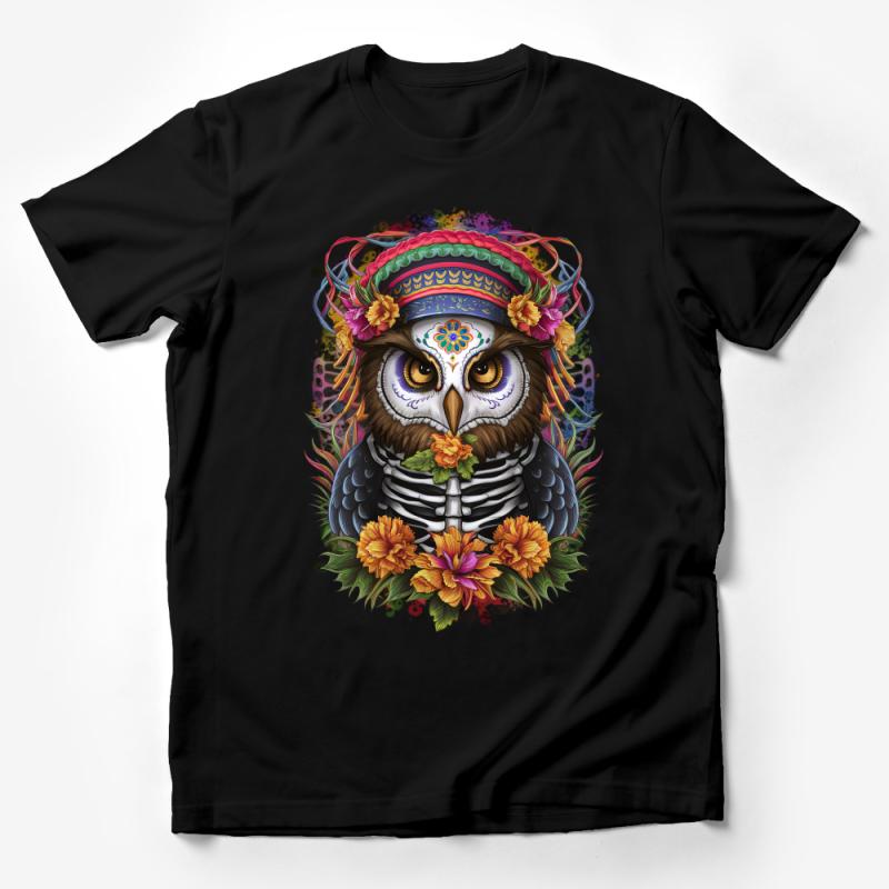 Colorful Owl Skeleton with Floral Crown Graphic Tee, Dia de los Muertos-Inspired Shirt Male T-Shirt