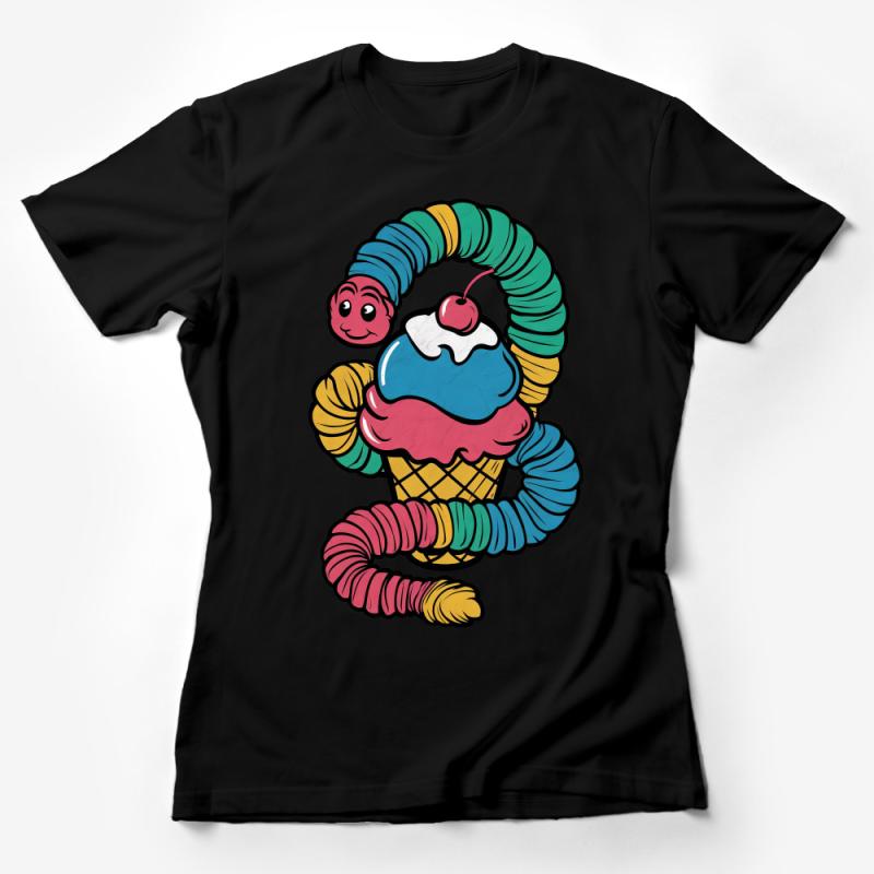 Whimsical Ice Cream Worm Graphic T-Shirt, Fun Foodie Gift, Colorful Cartoon Tee, Unique Illustration Shirt, Quirky Top Female T-Shirt