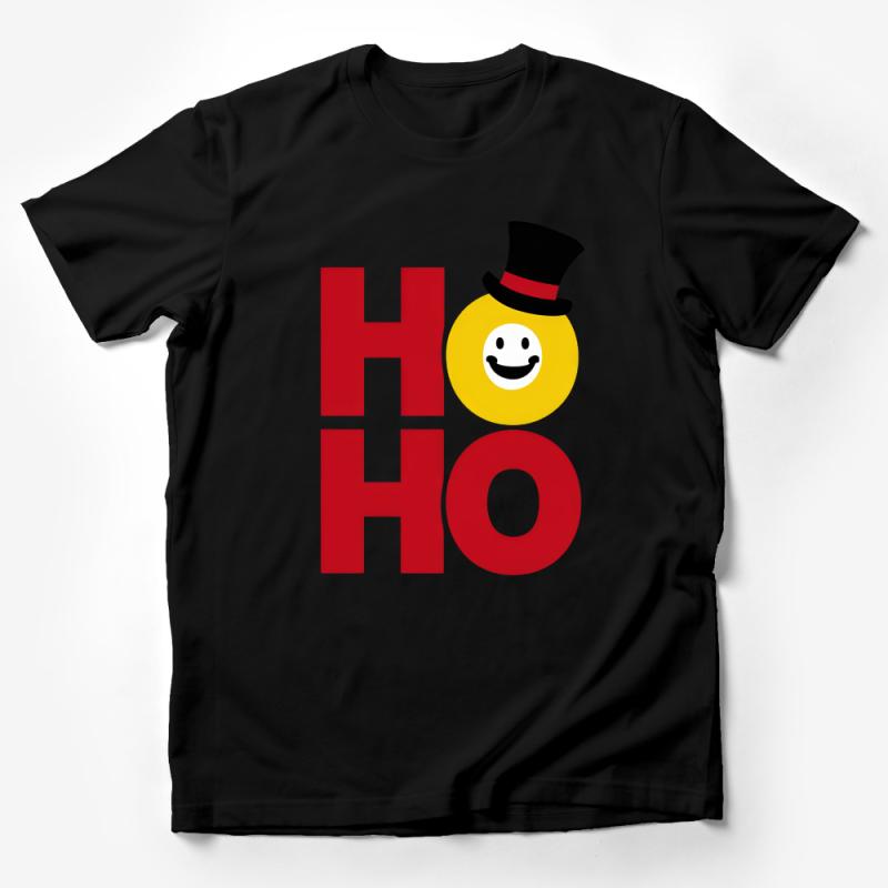 Funny Christmas T-Shirt, Holiday Smiley Face with Top Hat, Festive Red-And-Yellow Ho Ho Ho Tee, Casual Xmas Apparel, Unisex Gift Idea Male T-Shirt