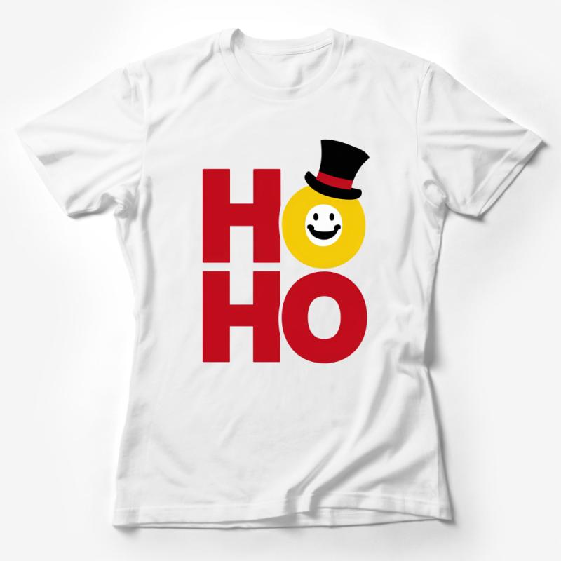 Funny Christmas T-Shirt, Holiday Smiley Face with Top Hat, Festive Red-And-Yellow Ho Ho Ho Tee, Casual Xmas Apparel, Unisex Gift Idea Female T-Shirt