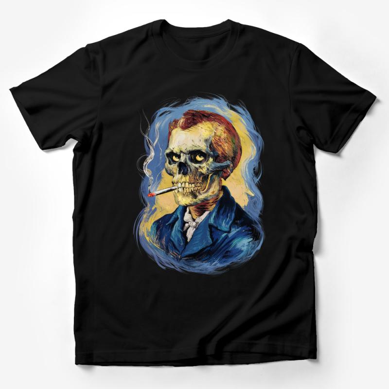 Skull Art T-Shirt, Colorful Smoking Skeleton, Unique Abstract Gothic Tee, Unisex Graphic T-Shirt, Artist Designed Creepy Cool Shirt Male T-Shirt