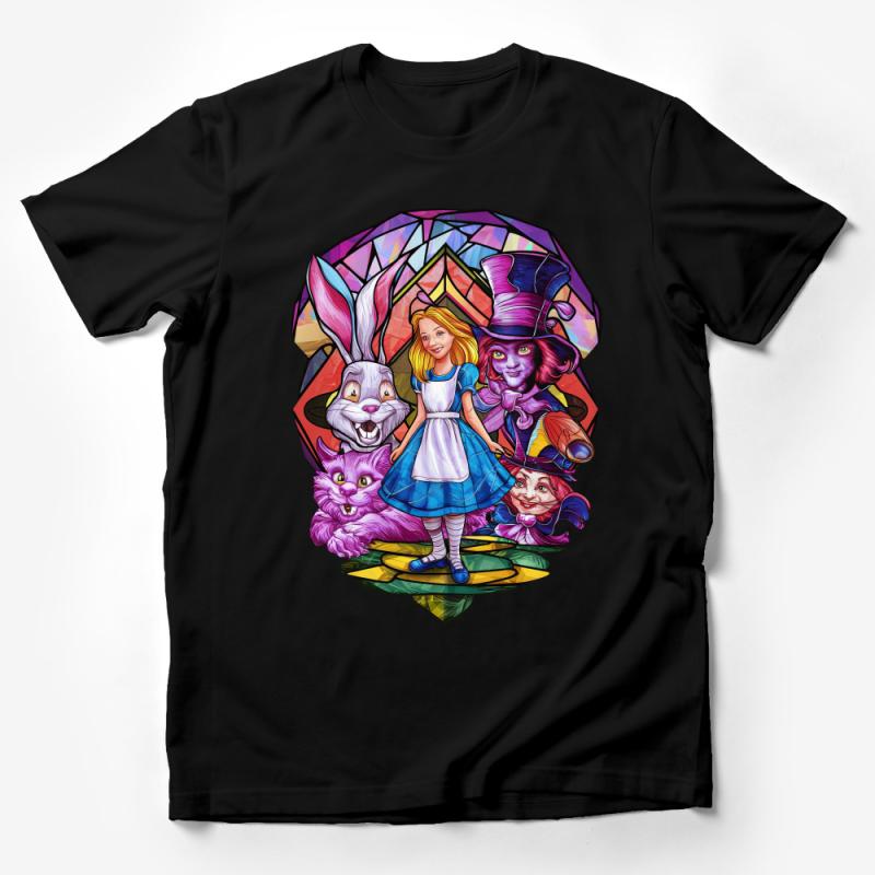 Wonderland-Inspired T-Shirt, Fantasy Rabbit and Alice, Quirky Mad Hatter, Cheshire Cat Design, Unique Graphic Tee, Colorful Storybook Apparel Male T-Shirt