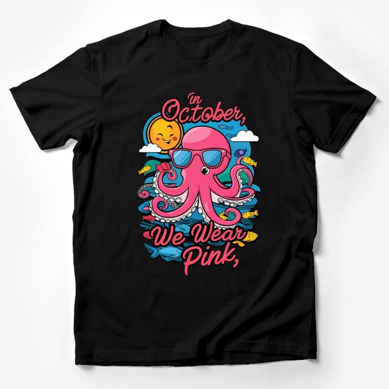 October Pink Octopus T-Shirt, Trendy Sea Animal Statement Tee, Unisex Graphic Top, Casual Wear Male T-Shirt