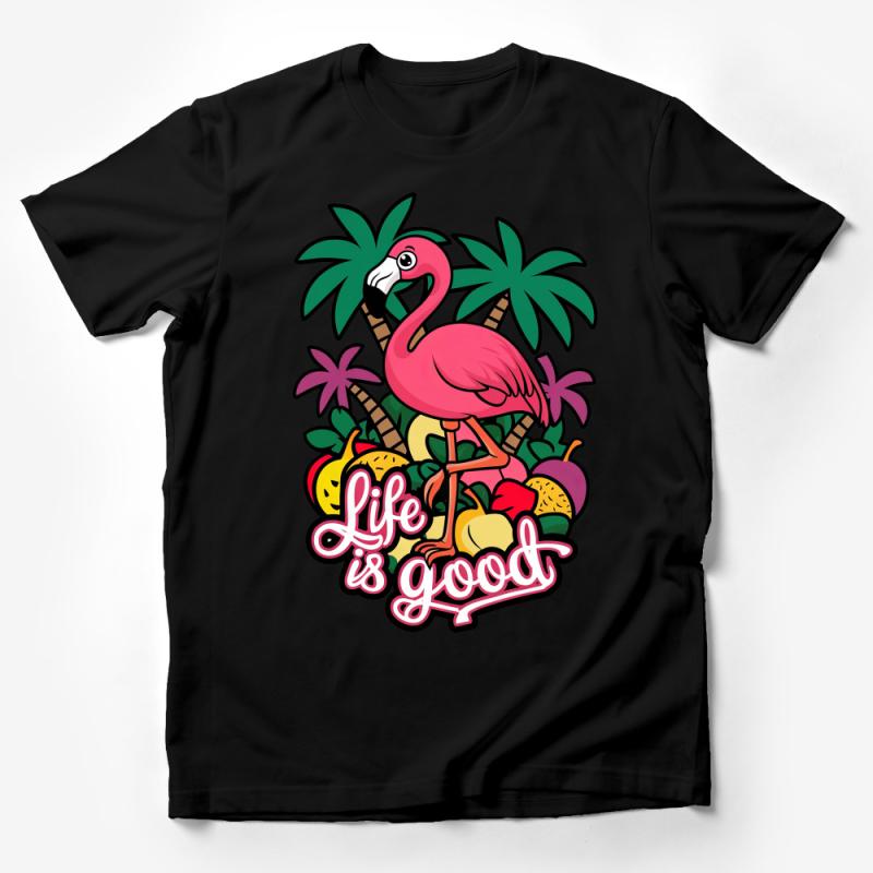 Tropical Flamingo T-Shirt Life is Good, Summer Vibes Tee, Palm Trees Graphic Shirt, Colorful Beachwear, Casual Unisex Clothing Male T-Shirt