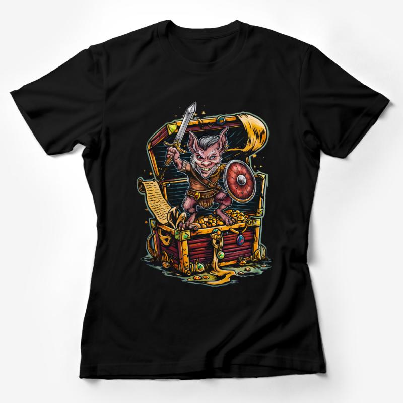 Whimsical Fantasy Cat Pirate Treasure Chest Illustration T-Shirt - Unique Graphic Tee for Adventure Lovers Female T-Shirt