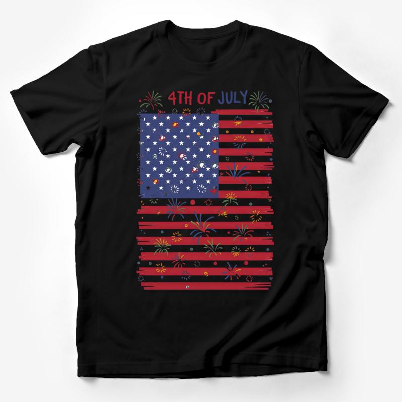 Patriotic 4th of July Fireworks and American Flag T-Shirt Design for Independence Day Male T-Shirt